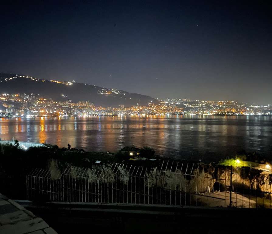 The bay at night, lights along the hillside